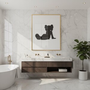 May include: A modern bathroom with white marble tile and a large framed art print. The artwork features a black silhouette figure. A dark wood vanity with a white countertop and gold fixtures is centered below the artwork. A white bathtub and potted plant complete the space.