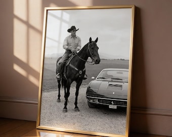 Cowboy Ferrari Black and White Print, Western Car Poster (Digital Download)