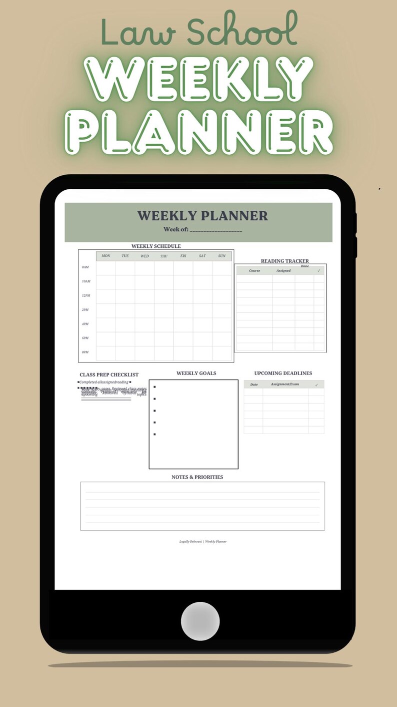 Law School Weekly Planner Printable | Student Organizer | Study ...