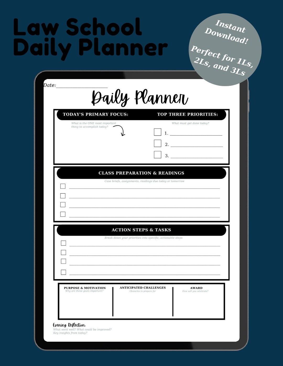 Law School Daily Planner Printable, Law Student Planner, 1L 2L 3L Study ...