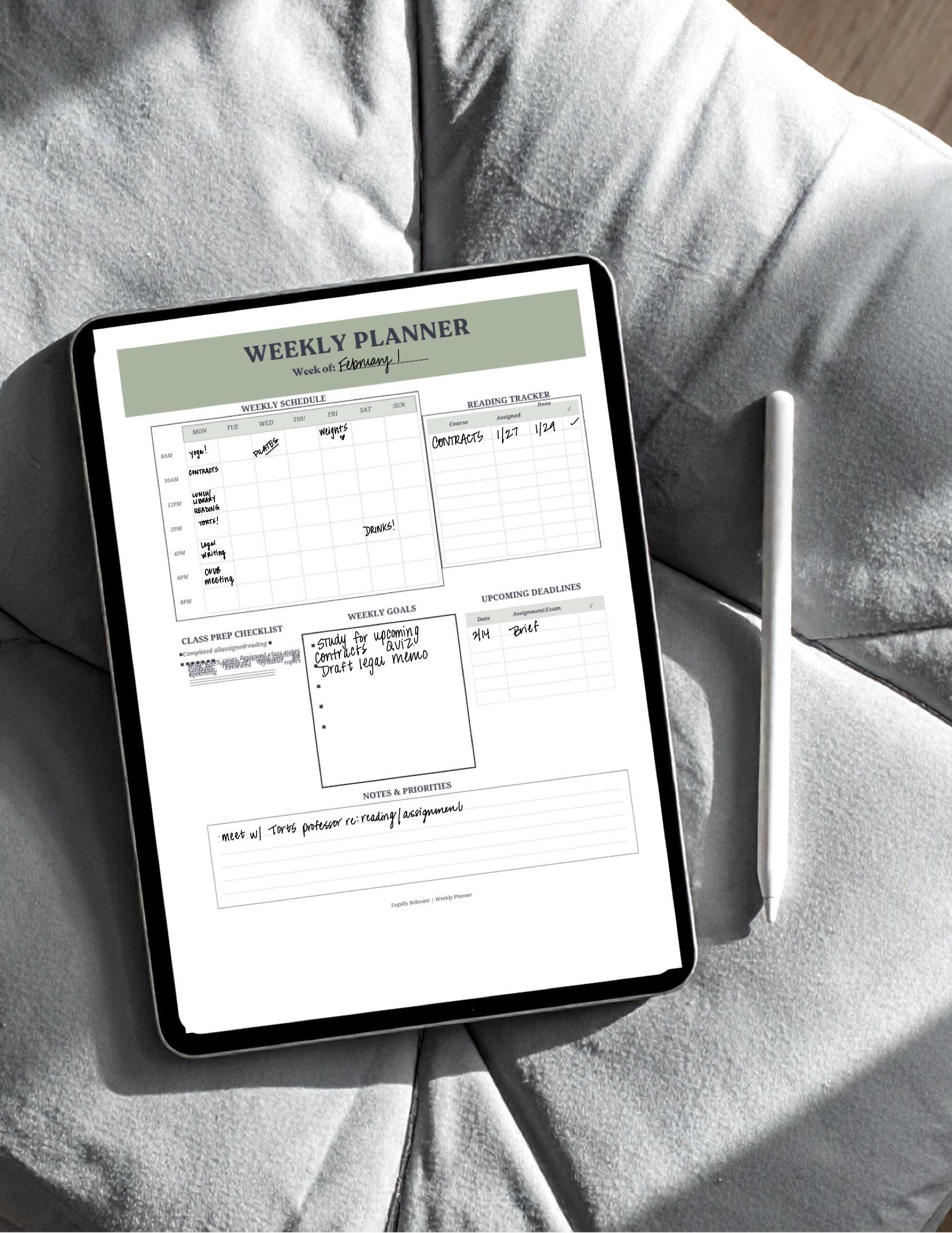 Law School Weekly Planner Printable | Student Organizer | Study ...