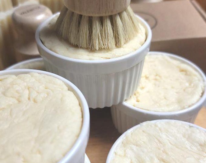 Featured listing image: Solid Dish Soap Set with Wooden Brush – Lemon Dish Soap in Refillable Ceramic Ramekin – Plastic Free Zero Waste Kitchen