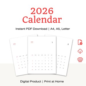 May include: A minimalist 2026 calendar design with the word "Calendar" in red. The text "Instant PDF Download | A4, A5, Letter" is also visible. The calendar is a digital product, designed for printing at home.
