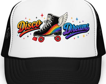Cappello da camionista Disco Dreams / Cappello da pattinaggio a rotelle retrò / Berretto da skate vintage arcobaleno / Regalo per pattinaggio a rotelle / Snapback in rete di schiuma