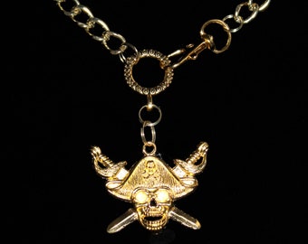 Pirate Skull Gold Necklace with Adjustable Curb Chain, Halloween, Gift, School Spirit