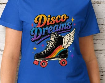 Maglietta da donna Disco Dreams Roller Skate / Maglietta retrò Roller Disco / Maglietta vintage con grafica arcobaleno e pattini / Regalo per appassionate di pattinaggio