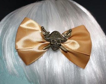 Pirate Skull Gold Satin Bow, Hair Clip, Accessory, Gift