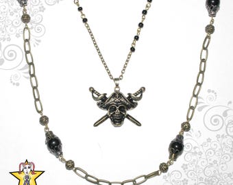 Pirate Skull Necklace with Black Beads Anitque Bronze Pirate Lover Jolly Roger