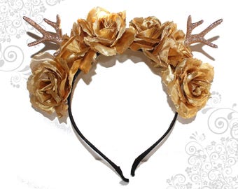 Golden Woodland Antler Crown, Festive Gold Deer Headband, Christmas Accessory
