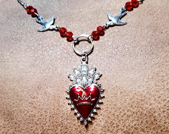 Sacred Heart Necklace – Silver Bird Charms, Red Crystal Beads