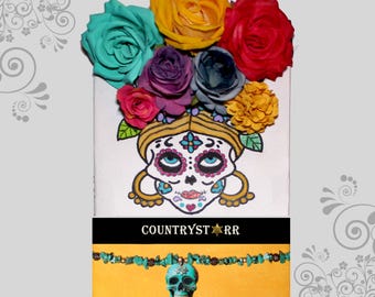 Day of the Dead Gift Set – Hair Flowers, Turquoise Skull Necklace, Jolly Roger Skull Bag, Skull Patch