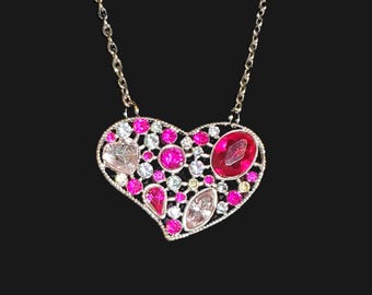 Vintage Rhinestone Heart Pendant Necklace – Fuchsia & Crystal