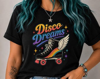 Maglietta unisex Disco Dreams Roller Skate / Maglietta retrò Roller Disco / Maglietta vintage con grafica arcobaleno e pattini / Regalo per pattinatrice / Unisex