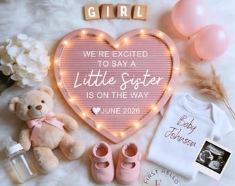 Baby Girl Pregnancy Announcement Template Canva, Editable Ultrasound Reveal, Little Sister Announcement, June 2026 Blush Pink Baby Reveal