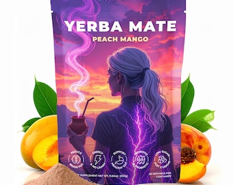 Yerba Mate Instant Tea Powder – Peach Mango – Nootropic Drink with Lion's Mane, L-Theanine & Probiotics – Low Sugar, 30 Servings