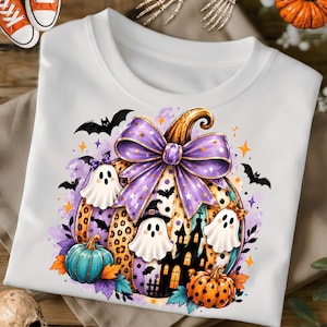 Peut inclure: Un t-shirt blanc avec un grand motif central représentant une citrouille à motif léopard, ornée d'un grand nœud violet. Le design comprend trois fantômes blancs, la silhouette d'une maison hantée noire, des chauves-souris et des citrouilles.