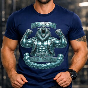 Peut inclure: T-shirt bleu marine avec une illustration d'ours musclé portant une veste et le texte "NO MERCY" et "ZERO EXCUSES". Le design est en nuances de bleu et d'argent. Le t-shirt est à col rond.