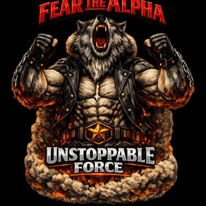 Può includere: Illustrazione digitale di un lupo muscoloso con una giacca di pelle nera, che ruggisce con i pugni chiusi. Il testo "FEAR THE ALPHA" è sopra, e "UNSTOPPABLE FORCE" sotto. Il lupo è circondato da fumo, su sfondo nero.