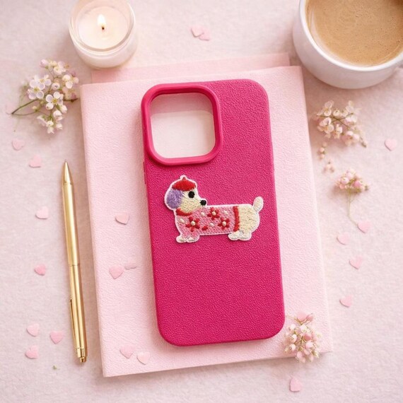 Korean Cute Dog Phone Case, 3D Puppy Embroidery iPhone 17 16 15 14 13 12 11 Pro Max Plus, Kawaii Animal Leather Style Cover