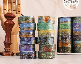 Juego de 12 rollos de cinta washi con lámina dorada de Van Gogh, cinta decorativa con diseño de pintura al óleo vintage para diarios, álbumes de recortes, agendas y manualidades.