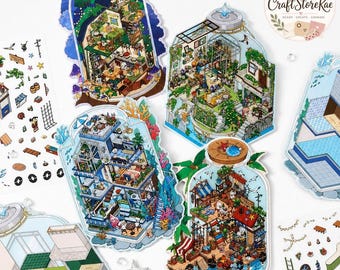 Landscaping DIY 3D Miniature House PET Sticker Set, Layered Puzzle Scene Stickers for Journaling, Scrapbooking, Planners & Creative Crafts