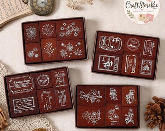 6Pcs Vintage Wooden Rubber Stamp Set, Multi-Pattern Stamps for Scrapbooking, Journaling, Photo Albums, Card Making & DIY Paper Crafts