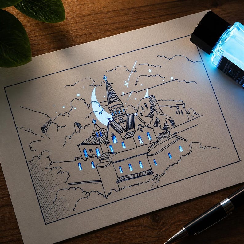 Puede incluir: Un dibujo de l&iacute;neas en tinta negra sobre papel blanco que representa un castillo con una alta aguja central, una luna creciente y estrellas en el cielo. Las ventanas del castillo brillan con un tono azul intenso y hay una pluma estilogr&aacute;fica.