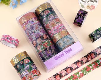 16 Rolls Floral Gold Foil PET Washi Tape Set, Decorative Masking Tape for Journaling, Scrapbooking, Photo Frames, Gift Boxes & DIY Crafts