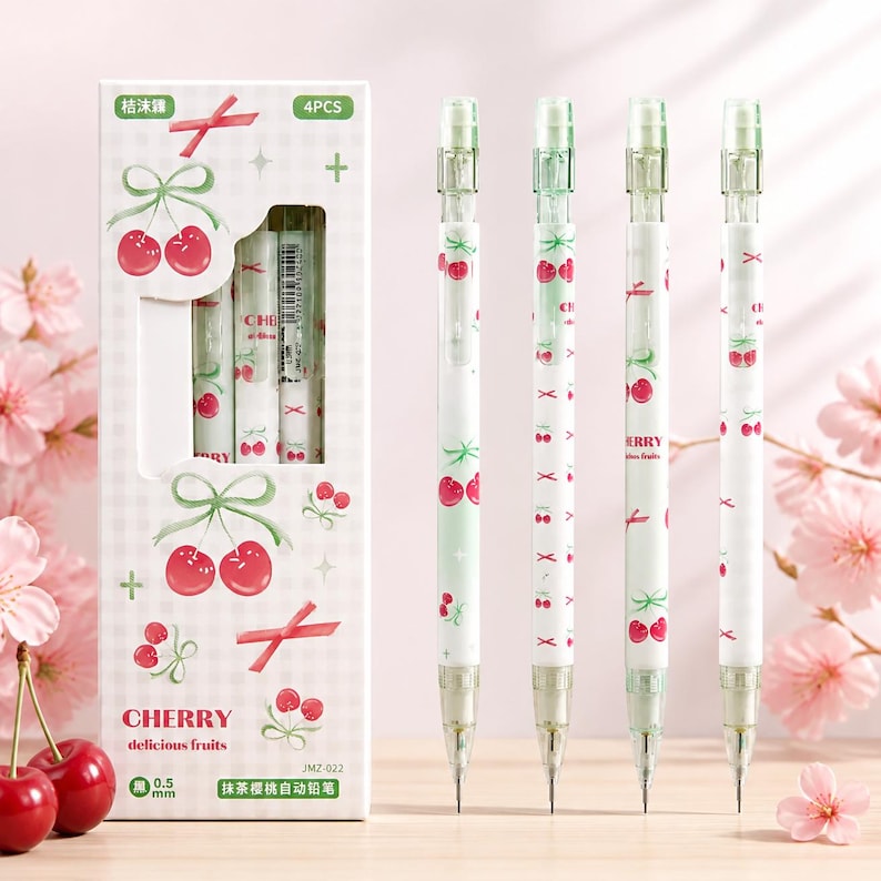 May include: A set of four mechanical pencils with a white barrel featuring a red cherry and green ribbon pattern. The packaging is a white box with a checkered design, cherry illustrations, and the text CHERRY delicious fruits 0.5 mm.