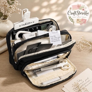 May include: A black multi-compartment pencil case with a zipper closure, containing various stationery items including a white pair of scissors, a calculator, and a white clip with the text "Live life with a fire that can never be extinguished."