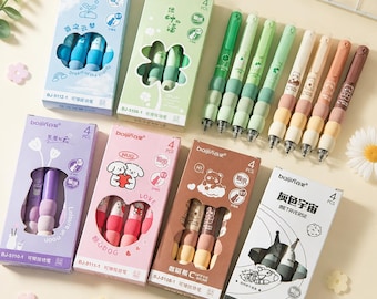 Juego de 4 bolígrafos de gel borrables con tinta negra, bonitos artículos de escritura para manualidades, diarios, escritorio, universidad, escuela, oficina, juego de regalo DIY