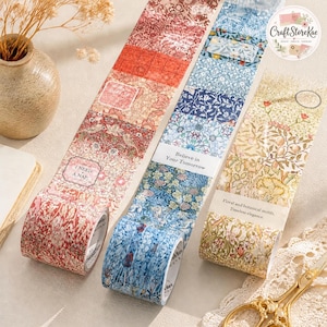 Puede incluir: Tres rollos de cinta adhesiva decorativa con intrincados patrones florales y botánicos en paletas de colores rojo, azul y amarillo. Las cintas incluyen texto impreso como I NEED A NAP, Believe in Your Tomorrow y Floral and botanical motifs.