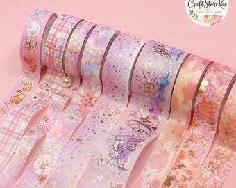 9 Rolls Romantic Pink Washi Tape Set, Cute Decorative Masking Tape for Parties, Photo Frames Journaling, Scrapbooking and DIY Crafts