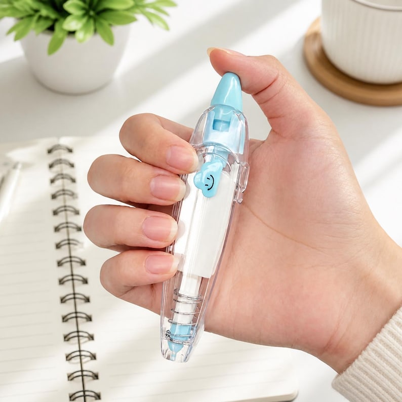 Puede incluir: Un dispensador de cinta correctora transparente y azul con un dise&ntilde;o de carita sonriente. El dispensador tiene una parte superior azul claro y un rollo de cinta blanco. El dispensador se sostiene en una mano.