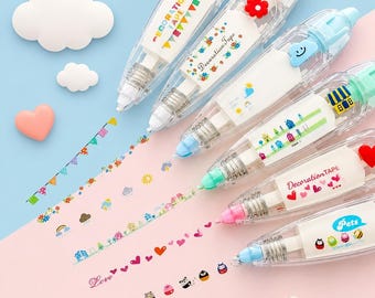 Cute Washi Tape Pen with Mini Cartoon Pattern Decoration, Decorative Correction Tape 6mm x 4m DIY Journal Craft Set, Grandma Gift