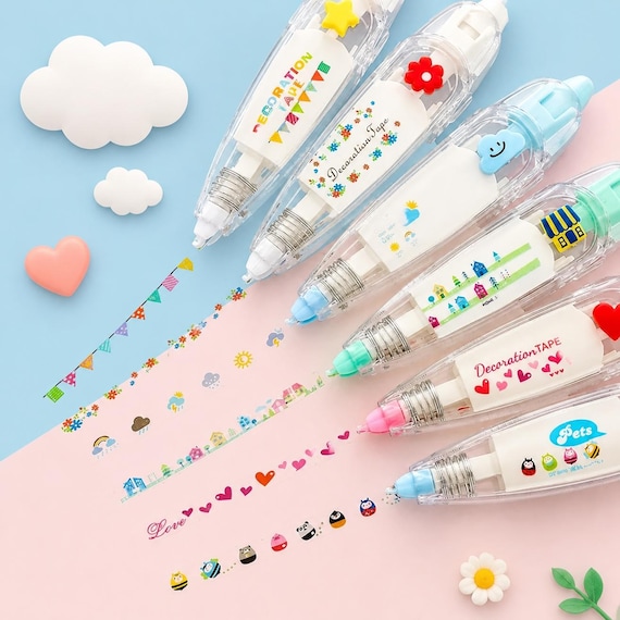 Cute Washi Tape Pen with Mini Cartoon Pattern Decoration, Decorative Correction Tape 6mm x 4m DIY Journal Craft Set, Grandma Gift