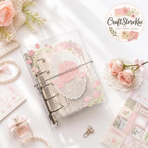 M5 5-Hole Pocket Binder Notebook, Romantic Vine Rose Print Refillable Journal PVC  with Elastic Band for School, Office & Planning