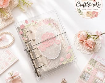 M5 5-Hole Pocket Binder Notebook, Romantic Vine Rose Print Refillable Journal PVC  with Elastic Band for School, Office & Planning
