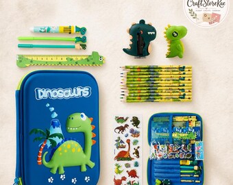 26Pcs Kawaii Dinosaur & Unicorn Stationery Set, 3D Pencil Case Organizer with School Supplies, Cute Pencil Box for Kids, Students