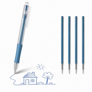 Puede incluir: Un bolígrafo de gel retráctil con cuerpo transparente y agarre azul, acompañado de cuatro recambios de tinta azul. El bolígrafo muestra un dibujo lineal sencillo en color azul de una casa, un árbol y un sol sobre una superficie blanca.