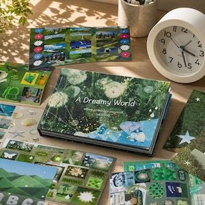 Puede incluir: Una colección de artículos de papelería, que incluye un libro titulado "A Dreamy World", pegatinas y un reloj analógico blanco. La portada del libro presenta un diseño de diente de león. Las pegatinas tienen varias imágenes y texto con temas de la naturaleza.