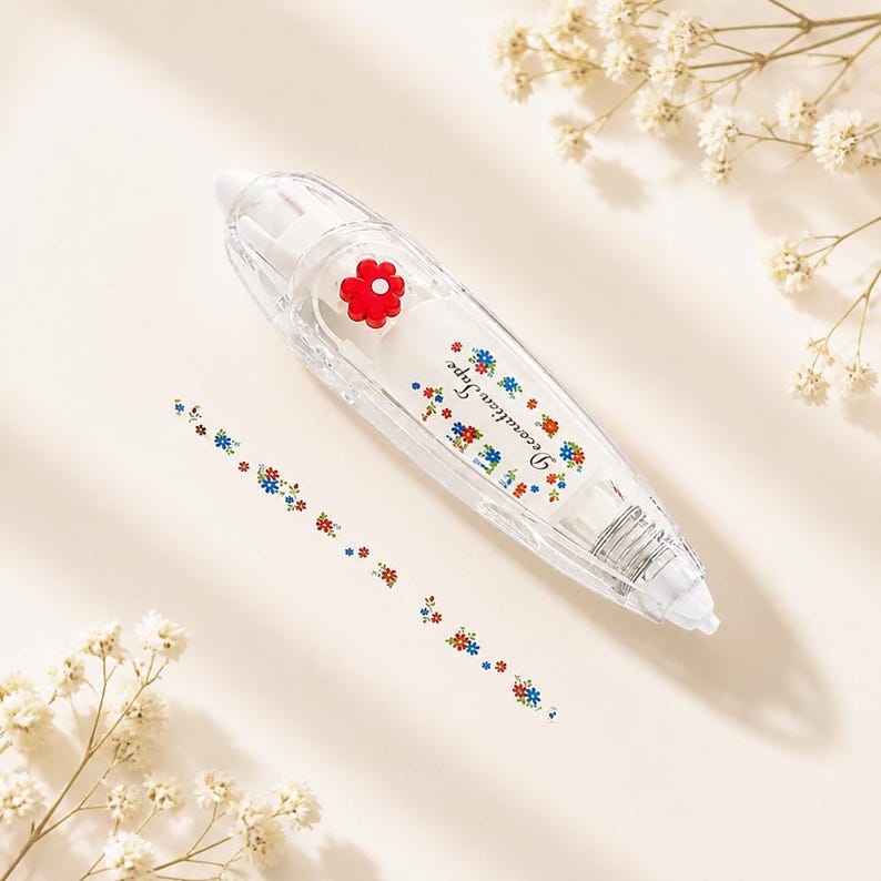 Puede incluir: Un dispensador de cinta correctora transparente con un acento floral rojo. El dispensador est&aacute; decorado con peque&ntilde;as flores azules, rojas y amarillas. La cinta en s&iacute; es una l&iacute;nea del mismo patr&oacute;n floral. El texto "Decoration Tape" est&aacute; impreso.