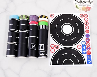Cartoon Racing Road PET Washi Tape Set, Black Road Track Stickers for DIY Car Games, Scrapbooking, Journaling, Party Decor & Kids Crafts