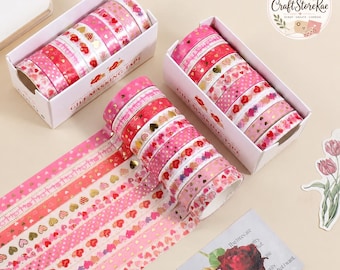 10 Rolls Gold Foil Pink Heart Washi Tape, Decorative Masking Tape for Journals, Notebooks, Scrapbooking, Gift Boxes, Cards & DIY Crafts