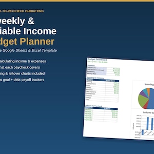Op de afbeelding: Een digitaal budgetplanner-sjabloon voor Google Sheets en Excel getiteld Paycheck-to-Paycheck Budgeting Biweekly & Variable Income Budget Planner. Het bevat een dashboard met een overzichtstabel, een cirkeldiagram en een staafdiagram.