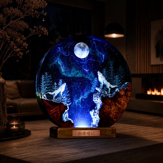 A hand-crafted resin wolf-and-full-moon galaxy scene on a wood base with 16-color LED — it's basically a tiny diorama that glows.