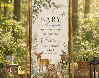 May include: A vertical rectangular banner featuring the text BABY in the woods, WELCOME TO Olivia's BABY SHOWER, and OCTOBER 2, 2026. The design includes illustrations of a fawn, a bear cub, a rabbit, a blue bird, foliage, and a butterfly.