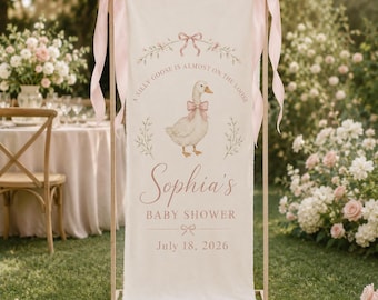 Personalized Silly Goose Baby Shower Banner, Custom Pink Bow Welcome Sign, Vintage Floral Goose Backdrop for Baby Girl Celebration