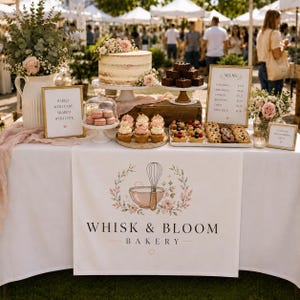May include: A bakery display table featuring a tiered cake, brownies, cupcakes, macarons, and cookies. A sign reads Whisk & Bloom Bakery with a whisk and bowl illustration. Additional signs read Baked with Care, Shared with Love and Thank You for Supporting Local.