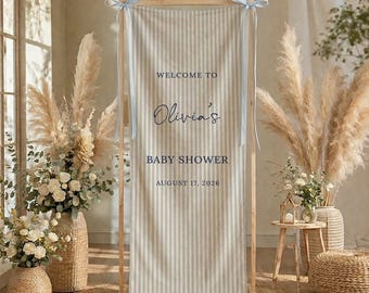 Personalized Baby Shower Fabric Banner, Welcome Baby Shower Sign, Blue Striped Party Entrance Decor, Custom Baby Shower Backdrop Banner